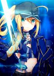  artoria_pendragon_(all) bangs baseball_cap black_hat black_shorts blue_eyes blue_jacket blue_shirt closed_mouth commentary_request eyebrows_visible_through_hair fate/extella fate/extra fate/grand_order fate_(series) fingerless_gloves gloves glowing glowing_sword glowing_weapon hair_between_eyes hair_through_headwear hat highres holding holding_sword holding_weapon jacket jacket_on_shoulders long_hair long_sleeves mysterious_heroine_x navel ponytail rojiura_satsuki:_chapter_heroine_sanctuary shirt shorts sidelocks solo sword taiyaki_(astre) track_jacket weapon 