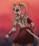  absurd_res anthro bethesda_softworks blood bodily_fluids bottomwear breasts chain chain_leash cheek_tuft clothed clothing collar darokho facial_tuft fangs_bared felid feline female fur green_eyes grey_body grey_fur hair hi_res khajiit leash looking_at_viewer lynx mammal microsoft ponytail pupils rear_view scar scars_all_over simple_background skirt slave slit_pupils solo spots the_elder_scrolls the_elder_scrolls_online topless topless_female tuft 