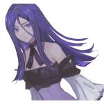  1girl bare_shoulders black_choker choker collarbone commentary detached_sleeves drag-on_dragoon drag-on_dragoon_3 dress facial_mark forehead_mark hair_between_eyes hair_ornament hairclip letterboxed long_hair long_hair_between_eyes long_sleeves looking_at_viewer miichinori parted_lips purple_eyes purple_hair ribbon_choker roman_numeral sidelocks simple_background solo strapless strapless_dress three_(drag-on_dragoon) upper_body white_background 