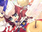  1girl 2others :d apple arknights boots brown_hair chibi flag food fruit golden_apple green_eyes grey_thighhighs hat highres holding holding_flag jacket long_hair multiple_others myrtle_(arknights) myrtle_(light_gold_celebration)_(arknights) parted_bangs pointy_ears saipaco shako_cap skirt smile solo_focus thighhighs thighhighs_under_boots very_long_hair white_flag white_footwear white_hat white_jacket white_skirt 