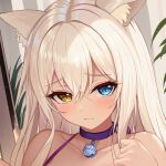  1girl animal_ear_fluff animal_ears bare_shoulders bell blonde_hair blue_eyes blush cat_ears cat_girl choker close-up closed_mouth coconut_(nekopara) collarbone commentary crossed_bangs dark-skinned_female dark_skin eyelashes hair_between_eyes heterochromia highres indoors jingle_bell light_particles lips long_hair looking_at_viewer neck_bell nekoda_(maoda) nekopara paid_reward_available purple_choker raised_eyebrows shy slit_pupils smile solo straight_hair tsurime upturned_eyes wavy_mouth yellow_eyes 