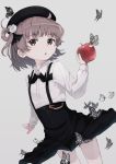  :o animal apple beret black_bow black_hat black_ribbon black_skirt blush bow brown_eyes brown_hair bug butterfly collared_shirt commentary_request fang fingernails flower food fruit grey_background hair_flower hair_ornament hair_rings hat hatoba_tsugu hatoba_tsugu_(character) highres holding holding_food insect long_sleeves mole mole_under_eye mugcup outstretched_arm pantyhose parted_lips red_apple ribbon rose shirt simple_background skirt solo suspender_skirt suspenders virtual_youtuber white_flower white_rose white_shirt 