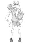  1girl absurdres adjusting_eyewear bishoujo_senshi_sailor_moon blush collared_shirt double_bun full_body glasses greyscale hair_bun hand_on_own_hip highres jacket jacket_partially_removed long_hair looking_at_viewer monochrome necktie neginoaoitokoro opaque_glasses parted_bangs shirt shorts socks solo striped_necktie suit_jacket sweater_vest tsukino_usagi twintails white_background white_shirt white_socks 