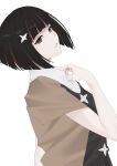  1girl arril100 black_eyes black_hair black_vest brown_jacket dutch_angle from_side highres jacket looking_to_the_side monogatari_(series) oshino_ougi parted_lips shirt short_hair simple_background solo vest white_background white_shirt 