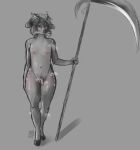 anthro antlers balls deer deer_spots genitals hi_res hooves horn looking_at_viewer mammal melee_weapon musk musk_clouds navel nipples nonbinary_(lore) nude penis polearm scythe solo weapon yan yan_(character)