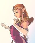  1girl absurdres artist_name blue_eyes braid breasts brown_hair commentary dress earrings elbow_gloves english_commentary gloves gradient_background grey_background highres jewelry long_hair looking_to_the_side madras_(anothermadras) pink_dress pointy_ears princess_zelda shoulder_pads sidelocks simple_background solo the_legend_of_zelda the_legend_of_zelda:_twilight_princess white_gloves 