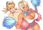  2girls :d ahoge ahoge_girl_(23) bare_shoulders blonde_hair blue_eyes blush breasts cheerleader cleavage collarbone commentary_request dark-skinned_girl_(23) dark_skin eyebrows_visible_through_hair eyes_visible_through_hair hair_between_eyes hair_ornament highres jewelry large_breasts looking_at_viewer midriff multiple_girls navel necklace open_mouth original petals platinum_blonde_hair pom_poms short_hair sidelocks smile star star_hair_ornament thighhighs twintails white_background wristband 