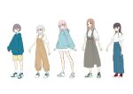  5girls absurdres bang_dream! bang_dream!_it&#039;s_mygo!!!!! bare_legs blue_eyes blue_footwear blue_hoodie blue_pants brown_hair brown_overalls chihaya_anon closed_mouth commentary_request dress full_body grey_dress grey_eyes grey_hair highres hood hoodie kaname_raana long_hair long_sleeves looking_at_viewer mole mole_under_eye multiple_girls mygo!!!!!_(bang_dream!) nagasaki_soyo overalls pants pinafore_dress pink_hair pleated_skirt purple_eyes red_eyes red_footwear shiina_taki shirt shoes short_hair short_sleeves shorts shu_atelier simple_background skirt sleeveless sleeveless_dress sleeves_past_wrists sleeves_rolled_up smile sneakers takamatsu_tomori white_background white_hair white_shirt white_skirt yellow_shorts 