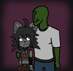 anon anthro bat bottomwear clothing domestic_cat drawfag duo felid feline felis female hand_on_shoulder humanoid hybrid looking_at_another looking_at_partner male mammal necktie skirt smile