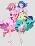  2girls :d ;d absurdres ayase_naru blue_eyes blue_hair bow dress full_body grey_background highres looking_at_another multiple_girls one_eye_closed open_mouth pink_bow pink_dress pink_hair pretty_rhythm pretty_rhythm_rainbow_live pretty_series purple_bow rinne_(pretty_rhythm) shoes short_hair smile standing standing_on_one_leg yellow_dress zashima 