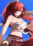  1girl arm_tattoo bandages bare_arms bare_shoulders blue_sky breasts chest_sarashi cleavage commentary cowboy_shot day ecliygame erza_scarlet fairy_tail hair_over_one_eye hakama highres holding japanese_clothes large_breasts long_hair looking_at_viewer midriff navel official_alternate_costume ponytail red_eyes red_hair red_hakama sarashi sky smile solo standing stomach tattoo very_long_hair 