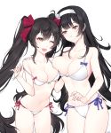  ;d asymmetrical_docking bangs bare_arms bare_shoulders bikini black_hair blue_ribbon blunt_bangs breast_press breasts brown_eyes collarbone cowboy_shot eyebrows_visible_through_hair girls_frontline hair_ribbon hairband half-closed_eyes hand_on_another's_shoulder highres holding ia_(ias1010) large_breasts long_hair looking_at_viewer multiple_girls navel one_eye_closed open_mouth pink_ribbon qbz-95_(girls_frontline) qbz-97_(girls_frontline) ribbon side-tie_bikini sidelocks signature simple_background smile standing stomach straight_hair swimsuit teasing thighs twintails untied untied_bikini very_long_hair white_background white_bikini white_hairband 