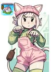  1girl :&lt; absurdres beanie cat_tail cattail cattail_(plants_vs_zombies) clenched_hands colored_skin commentary cowboy_shot creature_and_personification english_commentary green_hat green_sweater green_thighhighs hands_up hat highres long_sleeves looking_at_viewer overalls paw_pose peargor personification pink_overalls plant plants_vs_zombies reference_inset ribbed_sweater short_hair sweater tail thighhighs v-shaped_eyebrows white_hair white_skin 