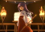  1girl blunt_bangs fire furude_rika hakama hakama_skirt highres higurashi_no_naku_koro_ni holding japanese_clothes kimono long_hair long_sleeves looking_at_viewer miko parted_lips purple_eyes purple_hair rin_(jirutt_suktawee) skirt solo 