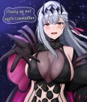  1girl arm_up bandaged_head bandages black_crown_(object) black_dress black_gloves blush breasts cleavage crying crying_with_eyes_open diadem dress gloves goddess_of_victory:_nikke grey_hair hair_ornament happy_tears highres large_breasts long_hair long_sleeves looking_at_viewer modernia_(nikke) modernia_(second_affection)_(nikke) official_alternate_costume open_mouth outstretched_arm outstretched_hand rabbitttt reaching reaching_towards_viewer red_eyes ribbon see-through see-through_cleavage sideless_outfit single_bare_shoulder smile solo tears teeth upper_body upper_teeth_only 