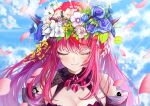  1girl absurdres bare_shoulders blue_flower blue_rose blue_sky blurry blurry_background blush breasts cleavage closed_eyes cloud detached_sleeves flower ha_uiyeon hair_flower hair_ornament highres hololive hololive_english horns irys_(hololive) long_hair petals purple_hair red_hair rose sky solo upper_body 