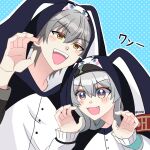  1boy 1girl black_hairband blush caelus_(honkai:_star_rail) claw_pose fang firefly_(honkai:_star_rail) grey_hair hair_between_eyes hairband honkai:_star_rail honkai_(series) hyo(shhonsr) long_hair long_sleeves looking_at_viewer official_alternate_costume open_mouth short_hair trailblazer_(honkai:_star_rail) two-tone_eyes upper_body yellow_eyes 