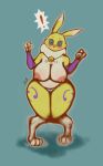 4_fingers absurd_res anthro areola bandai_namco bell big_breasts big_nipples biped blue_background breasts cowbell digimon digimon_(species) digitigrade exclamation_point eyebrows female female_anthro fingers foxette hi_res hindpaw huge_breasts mammal multicolored_body navel nipple_dip nipples non-mammal_nipples open_mouth paws pink_nipples purple_eyes renamon simple_background slightly_chubby slightly_chubby_anthro slightly_chubby_female solo tail