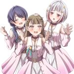  3girls :d :o ^_^ belt blue_hair blue_ribbon blunt_bangs blush bob_cut braid brown_belt brown_choker brown_hair center-flap_bangs choker claw_pose clenched_hand clenched_hands closed_eyes clothing_cutout collarbone collared_dress colored_inner_hair commentary_request dark_blue_hair diagonal_bangs dollchestra dream_believers_(love_live!) dress ganbarai gradient_dress green_ribbon grey_hair hair_ornament hair_ribbon hand_on_another&#039;s_head highres inverted_bob kachimachi_kosuzu link!_like!_love_live! long_hair long_sleeves looking_at_another love_live! low_twintails multicolored_hair multiple_girls murano_sayaka open_clothes open_dress open_mouth pink_dress pink_eyes red_eyes red_hair ribbed_dress ribbon short_hair shoulder_cutout side_braids simple_background sleeve_cuffs smile star_(symbol) star_hair_ornament straight_hair streaked_hair teeth twintails upper_teeth_only v-shaped_eyebrows virtual_youtuber white_background white_dress yugiri_tsuzuri 