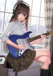  1girl aozaki_aoko blue_eyes brown_hair electric_guitar fate_(series) full_body guitar headphones instrument koyama_hirokazu long_hair looking_at_viewer mahoutsukai_no_yakusoku official_art shirt skirt white_shirt 