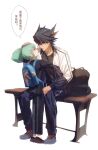  2boys absurdres alternate_costume alternate_universe arms_around_back backpack bad_id bad_lofter_id bag black_bag black_footwear black_hair black_jacket black_pants black_shirt blue_bag blue_eyes blue_pants chinese_text facial_mark fudo_yusei full_body green_hair grey_footwear hand_on_another&#039;s_head high_ponytail highres jacket looking_at_another looking_down looking_up lua_(yu-gi-oh!) male_focus multicolored_hair multiple_boys naoki_(2rzmcaizerails6) on_bench open_clothes open_jacket open_mouth pants parted_lips school_uniform shirt shoes short_hair short_ponytail sitting sneakers speech_bubble spiked_hair streaked_hair translated white_background white_jacket yu-gi-oh! yu-gi-oh!_5d&#039;s 