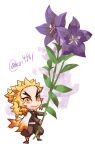  1boy belt blonde_hair cape chibi chibi_only closed_mouth demon_slayer_uniform flower flower_request full_body holding holding_flower kimetsu_no_yaiba krit looking_at_flowers male_focus no_nose orange_eyes print_cape purple_flower rengoku_kyoujurou smile solo thick_eyebrows twitter_username white_background white_belt white_cape 