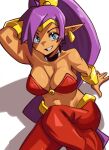  absurdres arabian_clothes big_hair blue_eyes bracer breasts dancer dark-skinned_female dark_skin earrings genie harem_pants highres hoop_earrings jewelry long_hair medium_breasts moxydraws navel o-ring o-ring_top pants pointy_ears purple_hair shantae shantae_(series) simple_background smile teeth tiara white_background 