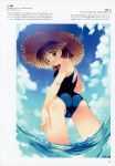  absurdres amazuyu_tatsuki ass bangs bare_shoulders blue_eyes blue_sky breasts cloud cloudy_sky day dutch_angle eyebrows_visible_through_hair from_behind hat highres komaki_ikuno long_hair looking_at_viewer medium_breasts official_art one-piece_swimsuit outdoors page_number parted_lips scan sky solo straw_hat swimsuit to_heart_2 to_heart_2_ad wading water 