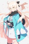  1girl alternate_hair_length alternate_hairstyle armor black_bow black_scarf blonde_hair bow closed_mouth falling_petals fate_(series) hair_bow haori highres japanese_armor japanese_clothes katana kimono koha-ace kote long_hair looking_at_viewer okita_souji_(fate) okita_souji_(koha-ace) petals pirohi_(pirohi214) sash scarf simple_background smile solo sword weapon white_background white_kimono yellow_eyes 