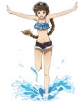  :d barefoot bikini blue_bikini braid brown_eyes brown_hair brown_shorts collarbone eyebrows_visible_through_hair eyewear_on_head floating_hair freckles full_body hair_ribbon isuzu_(log_horizon) leg_up log_horizon long_hair looking_down navel official_art open_clothes open_mouth open_shorts outstretched_arms polka_dot polka_dot_bikini ponytail ribbon short_shorts shorts single_braid smile solo standing standing_on_one_leg sunglasses swimsuit transparent_background very_long_hair water white-framed_eyewear yellow_ribbon 