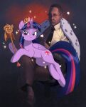  black_tie_(suit) breaking_bad cape clothing crown cutie_mark duo equid equine eyewear female feral footwear friendship_is_magic glasses gustavo_fring hair hasbro headgear hi_res horse human male male/female mammal my_little_pony pawsmasher pony purple_body purple_hair purple_tail sceptre shirt shoes simple_background sparkles star suit tail tiara topwear twilight_sparkle_(mlp) yellow_clothing yellow_shirt yellow_topwear 