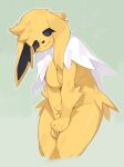 2024 5_fingers anthro black_sclera blush breasts eeveelution featureless_breasts female fingers fur generation_1_pokemon green_background hi_res jolteon kame_3 looking_at_viewer neck_tuft nintendo nude pokemon pokemon_(species) simple_background solo spiral_eyes standing tuft yellow_body yellow_fur
