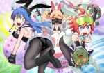  ahoge animal_ears aqua_eyes ass basket bikini black_gloves black_legwear blonde_hair blue_hair boots bright_pupils bunny_ears bunny_girl bunny_tail bunnysuit carrying detached_collar drill_hair dual_wielding easter easter_egg egg explosive fake_animal_ears fake_tail fingerless_gloves frag gas_mask gloves green_eyes grenade holding knife konchiki long_hair looking_back micro_bikini miniskirt multicolored multicolored_background multiple_girls muzzle_(trigger) official_art orange_hair pantyhose shooting_glasses skeleton_print skirt spring_(trigger) standing standing_on_one_leg swimsuit tail trigger-chan trigger_(company) triggertop twin_drills watermark white_footwear 