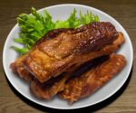  food food_focus hokkaido_(artist) lettuce meat no_humans original plate still_life table wooden_table 