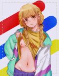  1girl blonde_hair blue_skirt blush braid breasts clothes_lift fang fang_out fellaciano-san fujita_kotone gakuen_idolmaster groin hair_ribbon head_tilt highres idolmaster jacket lifted_by_self long_hair looking_at_viewer multicolored_clothes multicolored_jacket navel nipples no_bra one_breast_out open_clothes open_jacket pleated_skirt ribbon shirt shirt_lift skirt small_breasts solo stomach twin_braids yellow_shirt 