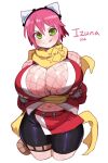  1girl bare_shoulders breasts cleavage cropped_legs fingerless_gloves fishnets gloves goggles gouma_reifuden_izuna green_eyes highres huge_breasts izuna_(gouma_reifuden_izuna) licking_lips lightsource ninja pink_hair scarf short_hair sketch smile solo thick_thighs thighs tongue tongue_out wide_hips 