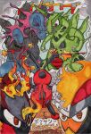  absurdres armarouge bisharp bug charcadet dragon evolution fire fudepen_(medium) highres hydreigon ladybug ledian ledyba molten_garnet nintendo pawniard pen pokemon tokusatsu traditional_media tyranitar 