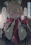  1girl :d ? absurdres adjusting_scarf black_jacket blonde_hair blush closed_eyes highres hololive jacket kazama_iroha long_sleeves pov pov_hands red_scarf scan scarf smile solo_focus speech_bubble spoken_question_mark translation_request umibouzu_(niito) virtual_youtuber 