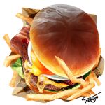  bacon bread burger cheese egg_(food) fast_food food food_focus french_fries fried_egg highres meat no_humans original short208 
