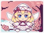  1girl blonde_hair blue_eyes bow cherry_blossoms closed_mouth commentary dress english_commentary full_body hat lily_white long_hair long_sleeves looking_at_viewer outdoors pixel_art red_bow smile solo suwa_lagito touhou white_dress white_hat wings 