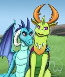  2019 2_horns 4_fingers anthro antlers arthropod artist_logo belly_scales blue_body blue_eyebrows blue_scales blue_sky blue_spines blue_wings blush changeling chest_gem closed_smile colored cuddling day digital_drawing_(artwork) digital_media_(artwork) dragon duo elytron eye_contact eyebrows female feral fingers friendship_is_magic gem grass green_body green_horn green_skin hand_on_shoulder hasbro hi_res horn interspecies logo looking_at_another male male/female membrane_(anatomy) membranous_wings mouth_closed multicolored_body multicolored_scales multicolored_skin my_little_pony mythological_creature mythological_scalie mythology open_mouth open_smile orange_antlers orange_eyes orange_inner_ear orange_tongue outside plant princess_ember_(mlp) pupils purple_elytron purple_eyes quadruped reptile rock romantic romantic_couple scales scalie shaded sitting sitting_on_ground sky skywater slit_pupils smile smiling_at_each_other spines tail thorax_(mlp) tongue white_horn winged_dragon wings 
