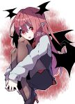  1girl bat_wings black_dress black_pantyhose dress hair_wings high_heels highres koakuma long_sleeves looking_at_viewer pantyhose pointy_ears red_eyes red_hair shirt solo touhou white_shirt wings yoruuta 