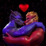 anthro dergdrister dragon drister_(dergdrister) duo eyes_closed heart_symbol hug love male male/male muscular mythological_creature mythological_scalie mythology scalie simple_background slightly_chubby smile snouts_touching tyler_(dergdrister)