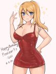  1girl alternate_costume bare_arms bare_shoulders blonde_hair blue_eyes blush breasts cleavage commentary cowboy_shot dated dress hand_up happy_birthday highres large_breasts long_hair looking_at_viewer metroid mole mole_under_mouth pencil_dress ponytail purrlucii red_dress samus_aran sleeveless sleeveless_dress smile solo standing thighs 