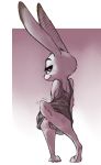  2018 anthro anus bedroom_eyes border butt clitoris clothed clothing dipstick_ears disney female gradient_background half-closed_eyes judy_hopps lagomorph looking_back mammal naughty_face no_underwear nobby_(artist) pose presenting presenting_hindquarters presenting_pussy purple_eyes pussy rabbit rear_view seductive simple_background solo standing upskirt white_border zootopia 