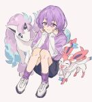  1boy androgynous black_shorts blush closed_mouth ensemble_stars! fua1heyvot4ifsr hanamura_fuyume head_rest highres long_sleeves looking_at_viewer male_focus pokemon pokemon_(creature) ponyta purple_eyes purple_hair purple_shirt purple_socks shirt short_hair shorts simple_background smile socks sylveon white_footwear white_undershirt 