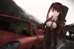  &gt;:( 1girl bangs black_gloves black_legwear black_skirt blunt_bangs blush breasts brown_hair cloud cloudy_sky collared_shirt commentary_request driftkingtw eyebrows_visible_through_hair framed_breasts girls_frontline gloves ground_vehicle hair_ribbon half_updo hand_on_hip hat highres holding_strap large_breasts long_hair looking_at_viewer motor_vehicle mountain necktie one_side_up pantyhose porsche purple_hair red_eyes red_neckwear ribbon road scenery seatbelt shirt sidelocks skirt sky strap striped striped_shirt sun sunglasses thighband_pantyhose tree v-shaped_eyebrows very_long_hair wa2000_(girls_frontline) weapon_bag white_shirt 
