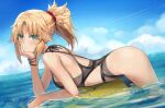 1girl bare_shoulders bikini black_one-piece_swimsuit blonde_hair blue_sky bracelet braid breasts fate/apocrypha fate_(series) french_braid green_eyes highres jewelry long_hair looking_at_viewer lying mordred_(fate) mordred_(fate/apocrypha) ocean on_stomach one-piece_swimsuit parted_bangs ponytail sidelocks sky small_breasts solo surfboard swimsuit tonee variant_set 