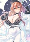  1girl azur_lane black_gloves blush breasts cleavage cleavage_cutout clothing_cutout coat fur-trimmed_coat fur_trim gloves hair_between_eyes hands_up hat highres large_breasts long_hair looking_at_viewer marker_(medium) peaked_cap purplepencil red_hair solo traditional_media volga_(azur_lane) wavy_mouth white_coat white_hat winter_clothes yellow_eyes 