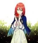  akagami_no_shirayukihime apple blue_cape cape day dress food fruit green_eyes hands_up jewelry looking_at_viewer medium_hair necklace outdoors plant red_hair shirayuki_(akagami_no_shirayukihime) smile soap_(user_kghh4755) solo standing tassel white_dress 